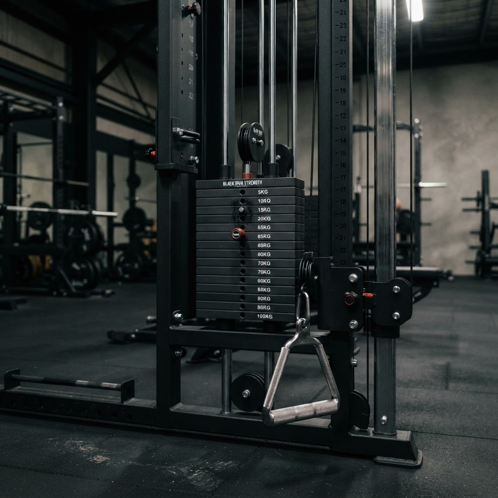 Matte black steel cable machine in the Kotel equipment showroom