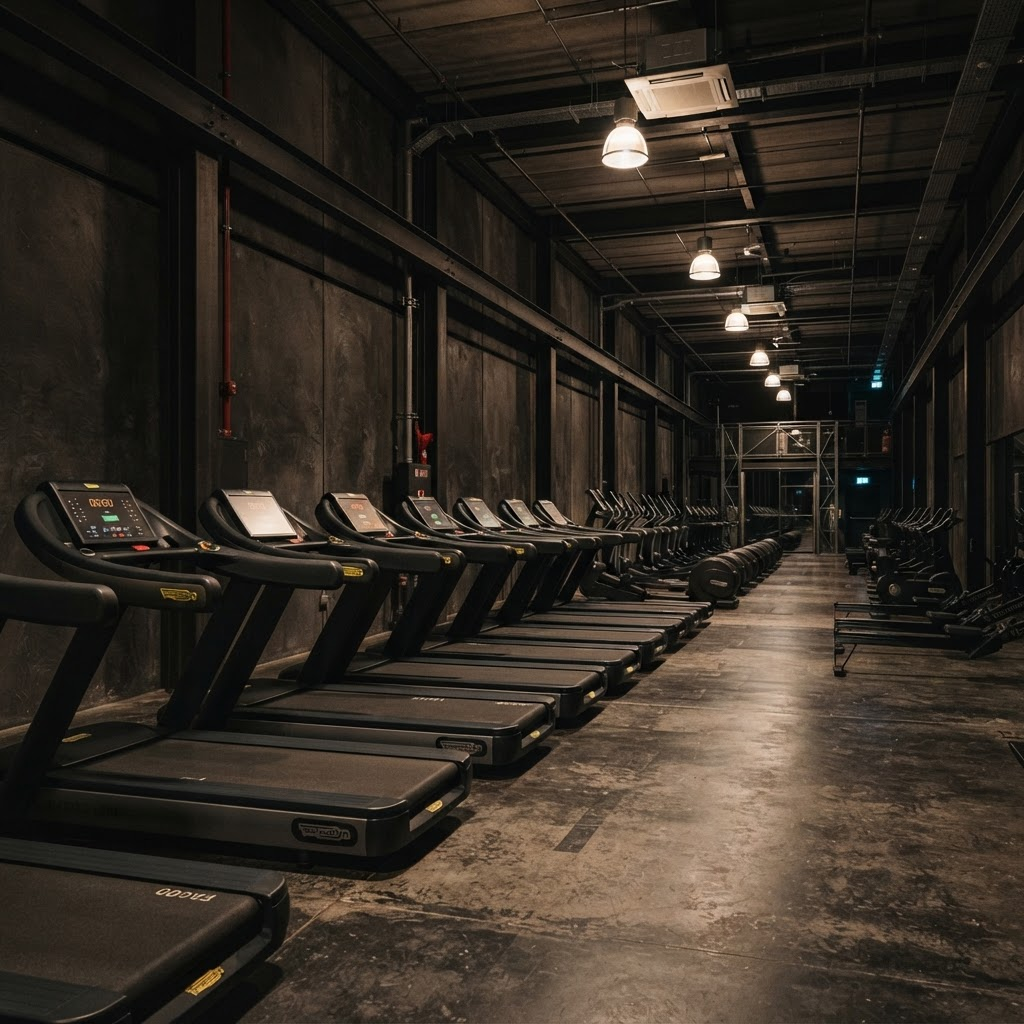 Kotel training space with a row of cardio equipment in an industrial facility